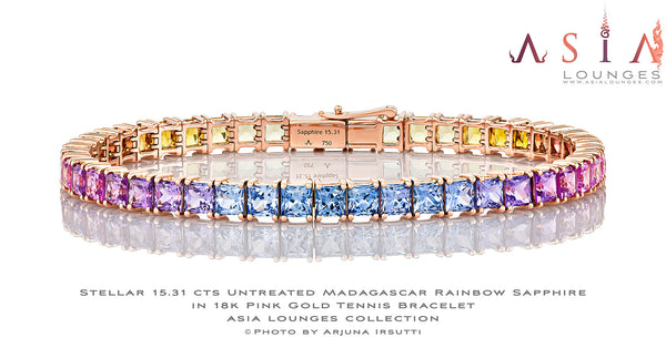 Stellar 15.36 cts Untreated Rainbow Sapphires in 18k Pink Gold Tennis Bracelet