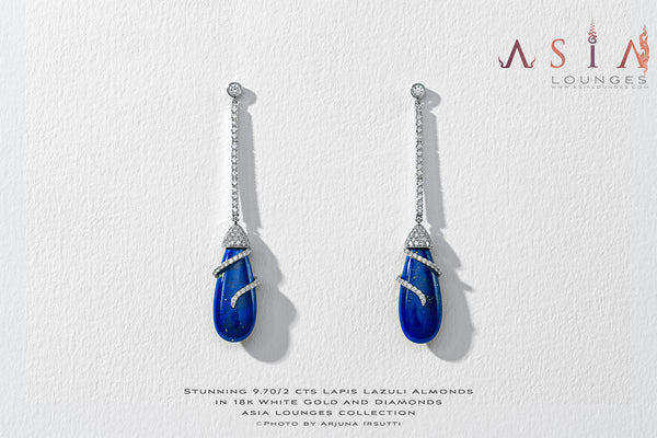 9.70/2 cts  Lapis Lazuli Almonds in 18k White Gold and Diamonds Earrings