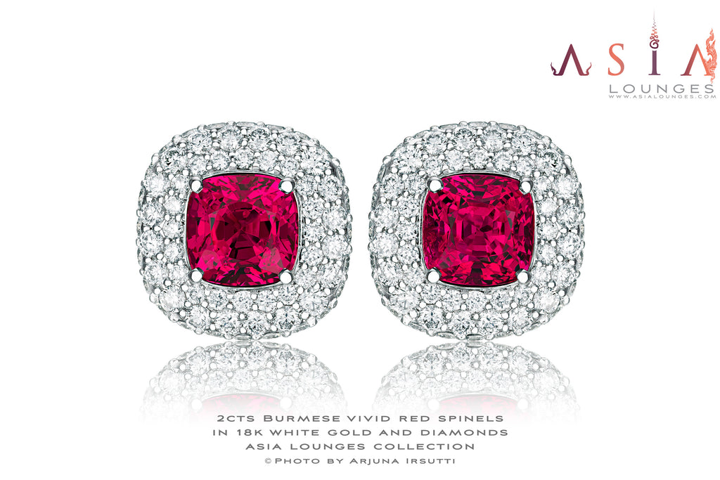 Delicious Vivid Red Burmese Spinels in 18k White Gold and Diamonds Earrings