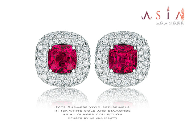 Delicious Vivid Red Burmese Spinels in 18k White Gold and Diamonds Earrings